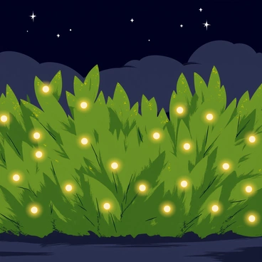 Bushes with dense green foliage illuminated by numerous small, glowing fireflies. The fireflies emit soft yellow light, creating a sparkling effect in the air. The background features a deep navy blue sky dotted with a few twinkling stars. The scene captures the warm ambiance of a summer night, with hints of soft shadows and a gentle breeze rustling through the leaves.
