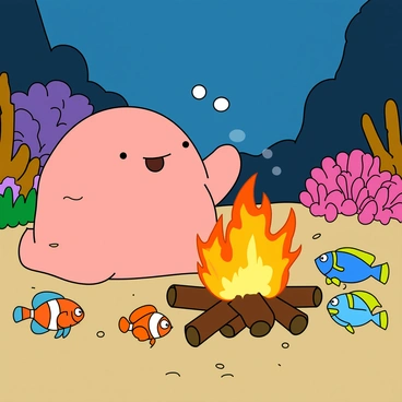 A blobfish with a round, soft body and a distinct facial expression sits on sandy ocean floor. Its pinkish hue contrasts with the glowing orange and yellow flames of an undersea campfire, which is surrounded by colorful coral. Several fish friends gather around the campfire, including a small clownfish and a bright blue tang, all with wide, curious eyes. The underwater scene is illuminated by the firelight, casting flickering shadows on the surrounding marine flora. Bubbles rise gently from the campfire, while the blobfish gestures with its fin, as if animatedly sharing a story with its friends.