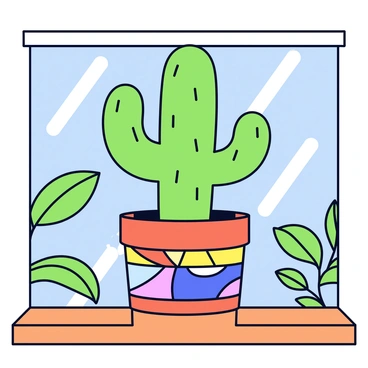 A vibrant green clay cactus with several rounded segments sits upright in a terracotta pot. The pot features colorful geometric patterns painted on its exterior. The cactus is placed on a wooden windowsill with sunlight streaming in, casting soft shadows. The background shows blurred outlines of green leaves and a blue sky outside the window.