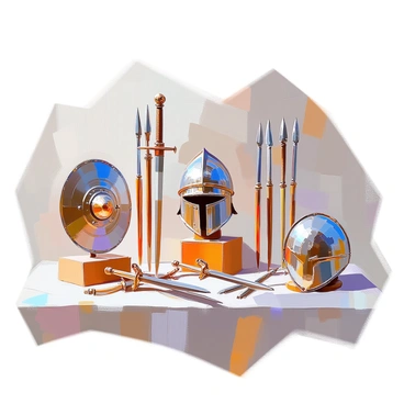 A collection of ancient Greek armor and weapons is meticulously displayed on wooden stands. The centerpiece features a gleaming bronze helmet with intricate engravings on the surface. Surrounding it are several shields boasting detailed designs, each reflecting the craftsmanship of their time. Various types of swords, including a kopis and a xiphos, are arranged alongside the armor, showcasing their distinctive curved and straight blades. A breastplate with a polished finish and decorative elements stands prominently, while spears with sharp tips and finely crafted wooden shafts are positioned in the background. The entire display is illuminated to highlight the rich textures and historical significance of each item.