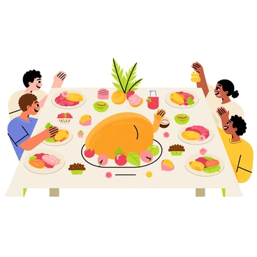 A festive dining table is set with a white tablecloth and decorated with green and red accents. The table is laden with a bountiful holiday feast, including a golden-brown roasted turkey at the center, surrounded by vibrant side dishes like creamy mashed potatoes, green bean casserole, and cranberry sauce. Colorful plates filled with assorted cookies and pies are arranged at each place setting. Family members of diverse backgrounds are gathered around the table, smiling and reaching for food, with a warm, welcoming atmosphere highlighted by soft lighting and holiday decorations. A large centerpiece of pinecones and holly adds to the seasonal cheer.