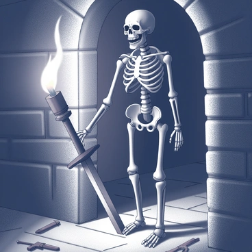 A skeleton warrior stands in a dimly lit dungeon. The skeleton is clad in tattered remnants of armor, emphasizing its skeletal frame. It holds a rusted sword tightly in its bony hand, with the blade appearing worn and pitted from years of decay. The warrior's eye sockets are hollow, exuding an aura of menace as it stands vigil. Shadows cast by flickering torchlight dance across the stone walls, highlighting the dampness and rough texture of the surroundings. The ground is littered with remnants of ancient battles, such as broken weapons and rusted armor pieces, reinforcing the eerie atmosphere of the dungeon.
