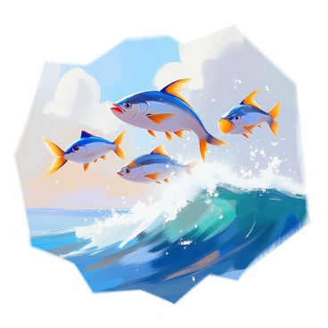 A group of flying fish soaring above the ocean surface, their fins spread wide like wings as they gracefully leap through the air. The fish are depicted with iridescent scales reflecting sunlight, creating a shimmering effect. Below them, the vibrant blue ocean waves are gently rolling, with white foam at the crests. In the background, the horizon meets a clear sky, suggesting a warm, sunny day. The dynamic movement of the fish creates a sense of energy and freedom, capturing the beauty of their flight above the water.