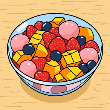 A clear glass bowl filled with a vibrant fruit salad. The bowl showcases small, shiny lychees with their bumpy pink skin, alongside bright orange pieces of mango, cut into cubes. The salad also includes a mix of fresh berries, such as plump strawberries, dark blueberries, and juicy raspberries, scattered throughout. The colors of the fruits are vivid and eye-catching, creating a cheerful arrangement. The bowl is placed on a wooden table with a light sheen, enhancing the freshness of the fruits.