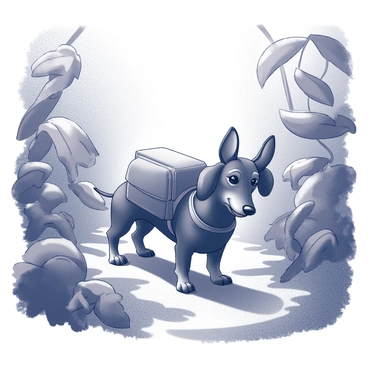 A dachshund with short legs and a long body is wearing a small, fitted backpack. The dog is surrounded by dense jungle foliage, including large leaves and twisting vines. Its ears are perked up and it has an inquisitive expression as it navigates through the underbrush. Sunlight filters through the canopy above, casting dappled shadows on the ground. The scene captures the adventurous spirit of the dachshund as it explores its vibrant, green surroundings.