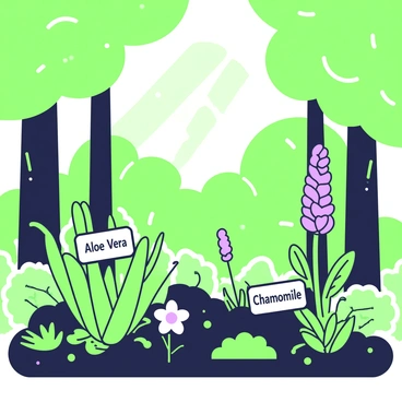 A lush forest scene filled with a variety of plants. Tall trees with dense canopies create a green backdrop. In the foreground, there are several plants with their labels attached. One plant features broad green leaves and is labeled "Aloe Vera," while another has small white flowers and is labeled "Chamomile." A third plant, with slender green stems and purple blossoms, is labeled "Lavender." The ground is covered with rich, dark soil and patches of small ferns, enhancing the natural atmosphere. Sunlight filters through the leaves, creating a dappled effect on the forest floor.