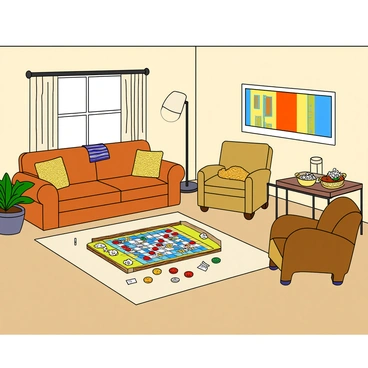 A living room set up for family game night with a board game on the floor and cheerful atmosphere