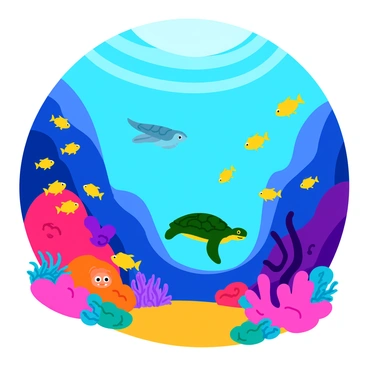 A vibrant underwater world featuring colorful coral reefs in shades of pink, orange, and blue. The coral is intricately shaped and forms a diverse habitat for various marine life. Schools of fish in bright hues of yellow, green, and blue swim among the coral formations. A large sea turtle glides gracefully through the scene, while a curious octopus can be seen hiding among the rocks. Sunlight filters down from the surface, creating shimmering patterns in the water above.