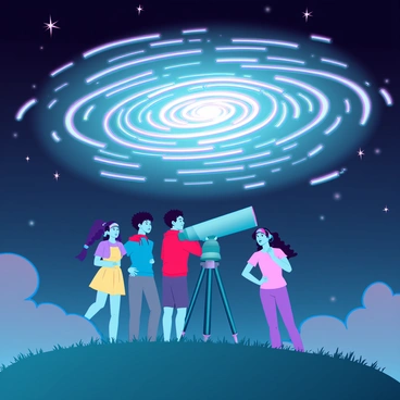 A group of four children, two boys and two girls, standing atop a grassy hill. They are positioned in a semicircle around a large telescope, peering through its lens with excitement. The first boy has short, spiky hair and is wearing a blue t-shirt and khaki shorts. The second boy has curly hair and is dressed in a red hoodie and jeans. One girl has long, braided hair and is wearing a yellow sundress, while the other girl has short hair with a colorful headband and is in a pink t-shirt and leggings. The sky above them is dark, filled with twinkling stars, and a majestic spiral galaxy is visible, its arms swirling with vibrant colors of blue, purple, and white. The children are illuminated by the soft glow of the galaxy, creating a sense of wonder and curiosity in the scene.