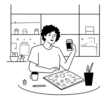 An illustrator sitting at a small round table in a London coffee shop. The illustrator has curly hair and is wearing a short-sleeve shirt. They are holding a cappuccino in one hand while the other hand is poised over a sketchbook, filled with various drawings and ideas. A pencil lies beside the sketchbook. The coffee shop has large windows showing a glimpse of the busy street outside. Various coffee cups and pastries are visible on the table, along with a small potted plant.