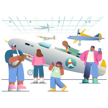 A group of diverse visitors is exploring vintage aircraft displayed in an aviation museum. In the foreground, a child with curly hair is pointing excitedly at a large, silver World War II fighter plane. Next to the child, a woman with long brown hair is taking a photo with her smartphone. To the left, a man in a blue baseball cap is examining a wooden propeller from a biplane. In the background, several other vintage aircraft, including a classic bomber and a glider, are showcased, each adorned with unique insignias and colors. The museum's high ceiling is visible, with hanging lights illuminating the aircraft and the visitors.