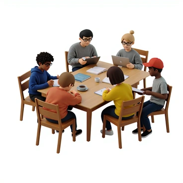 A diverse group of students is gathered around a wooden library table. The group includes a girl with curly black hair and glasses, wearing a blue hoodie, studying from an open textbook. Next to her is a boy with sandy blonde hair pulled back in a bun, focused on his laptop, wearing a grey t-shirt. A girl with straight brown hair and a yellow sweater is taking notes in a notebook. Across from them sits a boy with dark skin and a red baseball cap, reviewing flashcards. The table is covered with textbooks, notebooks, and a few coffee cups. The background features bookshelves filled with various books and a warm, inviting atmosphere.