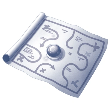 An illustration of a treasure map laid out on a textured surface. The map prominently displays a series of winding paths and X marks. In the center of the map, there is a detailed depiction of a cell structure, showing the outline of a cell membrane. Within the cell, the lysosome is highlighted, represented as a circular shape with a recognizable structure. The map includes various labeled regions such as the nucleus, endoplasmic reticulum, and mitochondria, all neatly arranged around the lysosome to emphasize its location. Arrows and clues are drawn on the map, guiding the viewer toward the hidden lysosome.