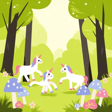 A magical nursery scene set in a lush forest filled with tall green trees. In the center, a small clearing features several "unicorns with shimmering white coats and colorful manes." They are playfully frolicking around. The ground is dotted with "glowing mushrooms in various shades of blue and purple," casting a soft light on the surrounding area. Soft pastel-colored flowers bloom alongside the mushrooms, adding to the enchanting atmosphere. In the background, gentle sunlight filters through the leaves, illuminating the scene with a warm glow.