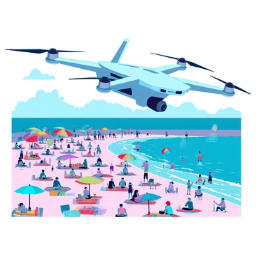 A sleek drone with four propellers hovers above a bustling beach scene. The drone is equipped with high-tech cameras and sensors, clearly visible beneath its streamlined body. Below, a crowded beach is filled with sunbathers and families enjoying the sunny weather. Colorful umbrellas provide shade for groups of people sitting on beach towels. Children are playing in the sand, building sandcastles, while others splash in the waves. The ocean is a vibrant blue, sparkling under the sunlight, while the shoreline is dotted with beachgoers engaging in various activities, such as playing beach volleyball and flying kites. In the background, a clear sky with a few fluffy clouds enhances the bright atmosphere of the day.