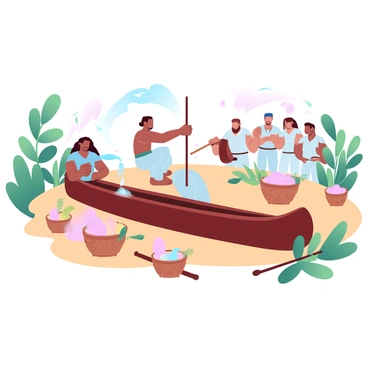 A dugout canoe is resting on a sandy beach surrounded by lush greenery. Several individuals dressed in traditional attire are gathered around the canoe, engaged in various rituals. One person is pouring a colorful mixture into the canoe, while another is holding a ceremonial staff adorned with feathers. In the background, a group of people is singing and playing hand-carved instruments. Colorful woven baskets filled with fruits and flowers are placed around the setting, adding to the vibrant atmosphere. The scene is illuminated with soft, gradient pastel colors, enhancing the sense of cultural significance.