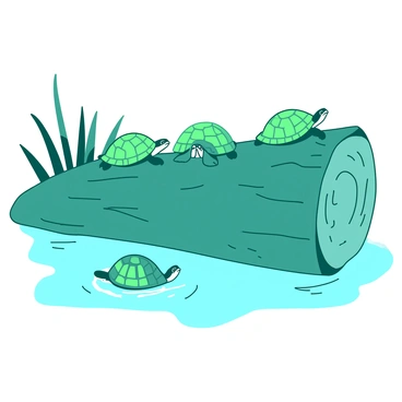 A teal log is jutting out from a calm pond, and several turtles are basking on top of it. The turtles have various shades of green shells, each positioned comfortably under the warm sun. The surface of the pond reflects the colors of the surroundings, and there are gentle ripples around the base of the log. In the background, tall grasses frame the pond, adding to the serene atmosphere of the scene.