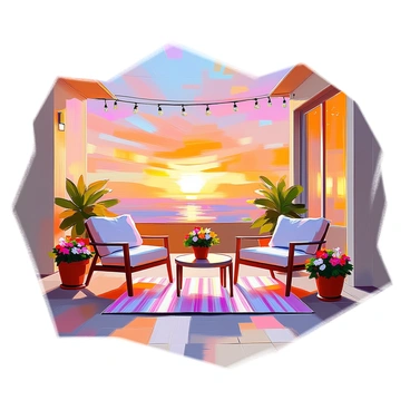 A picturesque patio scene with a sunset view and comfortable seating