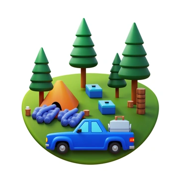 A pickup truck parked beside a forest campsite, featuring camping gear neatly stored in the back. The truck is painted in a deep blue color. The campsite includes a clear view of tall pine trees and a small clearing with a tent set up. There is a cooler and rolled sleeping bags visible in the truck bed, along with a camp stove and a stack of firewood. Sunlight filters through the tree branches, casting dappled shadows on the ground.