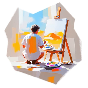 An artist with medium skin and short, curly hair is kneeling on the ground, focused intently on a landscape canvas in front of them. The canvas depicts rolling hills under a vast sky, rendered in shades of yellow and cream, resembling melted butter. The artist is using a palette filled with various butter-like hues, applying thick strokes of paint with a brush. Nearby, a wooden easel holds the canvas steady, and scattered around are tubes of paint and brushes. The scene captures the artist's concentration as the soft light of the day illuminates the vibrant colors of the landscape.