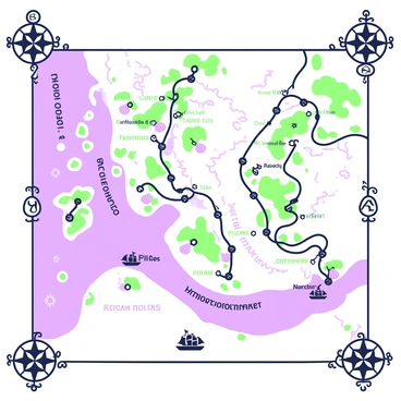A vintage map is displayed prominently, detailing the old trade routes for transporting figs across the Mediterranean. The map features winding lines that represent the routes connecting various ports and cities along the coast. Illustrated fig trees with green leaves are scattered throughout the map, marking regions where figs were grown. Small ships are depicted on the water, symbolizing the vessels used for trade. At the corners of the map, there are ornate compass roses and decorative elements that enhance its vintage appearance. The overall design gives the impression of an ancient, hand-drawn cartography style.