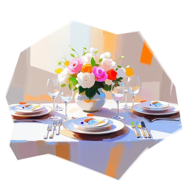 A table setting showcasing elegant dinner plates, each featuring intricate hand-painted fish designs. The plates are arranged neatly on a crisp white tablecloth. There are silver utensils beside each plate, and crystal glasses filled with sparkling water. A centerpiece composed of fresh flowers in soft colors sits in the middle of the table, adding a touch of vibrancy. The ambient lighting casts a warm glow, enhancing the details of the hand-painted fish on the plates.