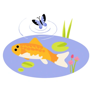 A colorful carp with orange and white scales is swimming near the surface of a clear blue pond. Above the water, a delicate butterfly with vibrant blue and black wings is hovering gracefully. The water reflects the butterfly's image, creating a circular ripple around the fish. Small green lily pads float nearby, and a couple of pink flowers are blooming at the pond's edge. The background includes soft hints of green foliage, enhancing the whimsical nature of the scene.