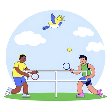 A small bird with bright feathers is soaring high in the sky. Below the bird, there are two players engaged in a friendly badminton match. One player is wearing a yellow t-shirt, while the other is dressed in a green tank top. They are positioned on a grass court, with a white badminton net set up between them. The sky is dotted with fluffy white clouds, creating a cheerful atmosphere. A badminton shuttlecock is visible in the air, flying towards the player in the yellow t-shirt.