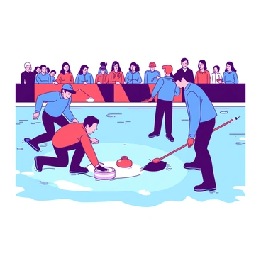 Two teams are engaged in a curling match on a shiny ice sheet. One team, wearing bright red uniforms, has a player crouched low, expertly sliding a curling stone towards the target at the far end of the sheet. The other team, dressed in vibrant blue uniforms, stands ready to sweep the ice, with one player holding a broom strategically positioned. In the background, spectators are gathered, some cheering while others watch intently, adding a lively atmosphere to the scene. The ice reflects the colors of the teams and the excitement of the crowd.