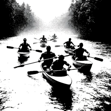 A group of canoes is racing down a swift-flowing river. Each canoe is occupied by paddlers, who are intensely focused, pushing hard with their paddles. The paddlers are in various positions, some kneeling and others sitting, displaying strong arm and shoulder muscles. The water is choppy, creating small waves as the canoes slice through it. Surrounding the riverbanks are dense trees, partially obscured by mist rising from the water. The scene captures the excitement and urgency of the race, with water splashing around the canoes and paddles.