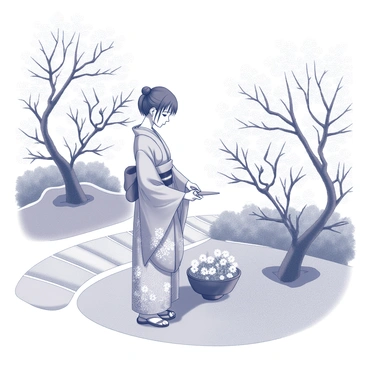 A miko dressed in traditional attire stands in a shrine garden. She wears a long, flowing kimono with intricate patterns. The garden features a stone pathway that winds through the greenery. Cherry blossom trees are in full bloom, their branches arching gracefully, adorned with delicate blossoms. The miko is carefully tending to a small area, holding a pair of gardening shears in her hands. The setting conveys a sense of peacefulness, with the soft bloom of flowers framing the scene. The miko's hair is styled traditionally, and she has a serene expression as she engages with the garden.