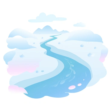 A winding river cuts through a vast expanse of tundra. The water is partially frozen, with intricate ice patterns forming on its surface. Surrounding the river, the tundra is covered in a blanket of white snow, with patches of grass peeking through. The scene features gentle slopes on either side of the river, adding depth to the landscape. Soft gradient pastel colors blend in the sky, reflecting off the icy surface of the water.