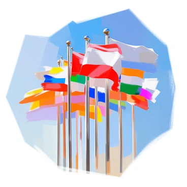 A display of colorful flags from different countries is fluttering in the wind. Each flag features distinct patterns and colors representing various nations, arranged on tall flagpoles. The sky in the background is a clear blue, providing a vibrant contrast to the flags. The sunlight casts soft shadows, highlighting the movement of the fabric as it waves gently in the breeze.