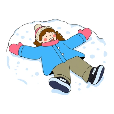 A young girl with medium skin and wavy brown hair is lying on her back in a blanket of fresh white snow. She is wearing a bright blue winter coat, fluffy pink mittens, and a knitted hat with a pom-pom on top. Her cheeks are rosy from the cold, and she has a delighted expression on her face, with her mouth open in laughter. Her arms are outstretched, creating the wings of a snow angel, while her legs are also moving to form the angel's robe. The snow around her is disturbed, with clear impressions of her movements, and a few snowflakes are gently falling from the sky.
