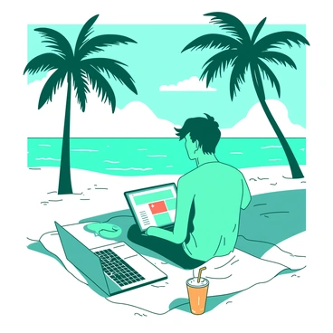 A teal digital nomad is sitting on a white beach blanket, using a laptop. The laptop is open, displaying a bright screen with various tabs. In the background, there are tall palm trees swaying gently in the breeze, and the ocean is visible with gentle waves lapping at the shore. Sunlight filters through the leaves, casting playful shadows on the blanket. The nomad has short, windswept hair and is wearing comfortable summer clothing. Nearby, a small orange drink with a straw sits on the sand, reflecting the bright sunshine.