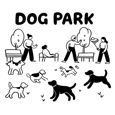 A dog park filled with various breeds of dogs engaging in playful activities. A large golden retriever is fetching a ball, while a small beagle is sniffing the grass. Several dogs are chasing each other in a game of tag. In the background, two owners are standing, one holding a leash while the other is throwing a frisbee. There are benches scattered around the park, and a few trees providing shade. The words "Dog Park" are displayed prominently above the scene.