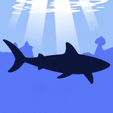 A silhouette of a Greenland shark swimming beneath the water's surface. Sunlight filters through the water, creating a pattern of light and shadow around the shark. The water is a gradient of blue, darker deeper down. The shark's shape is elongated, with a rounded snout and fins visible against the illuminated background.