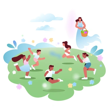 A group of children is playing in a vibrant green field, with colorful flowers scattered throughout. They are engaged in various activities such as running, jumping, and playing tag. In the background, Demeter stands gracefully, surrounded by an aura of abundance, her long flowing dress blending with the natural surroundings. She holds a basket filled with ripe fruits, symbolizing nourishment and care. The bright sunlight bathes the scene, creating a warm and inviting atmosphere where the joy of the children harmonizes with the essence of nature.