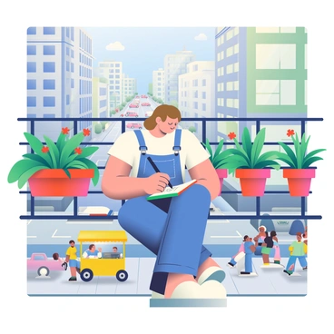 An artist sketching on a balcony overlooking a busy urban street