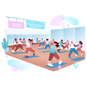 A group of seniors is engaged in an aerobics class. The participants are dressed in colorful athletic wear, with some wearing leg warmers and headbands. They are moving in unison, following an instructor at the front of the room. The setting has wooden floors and mirrors reflecting their movements. Above the participants, large, colorful banners display motivational phrases. A few exercise mats are scattered around the floor, and water bottles are placed nearby. A vibrant atmosphere is created by the use of gradient pastel colors throughout the scene.