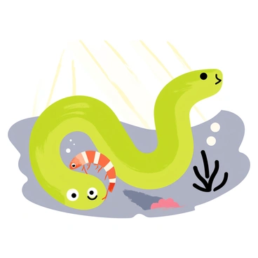 A green moray eel with smooth skin is positioned coiled around a rocky underwater environment. The eel has wide, open eyes and a slightly open mouth, revealing its rows of small teeth. A small orange and white shrimp is nestled close to the eel, actively cleaning its skin. Bubbles are emerging from the shrimp as it works, and small patches of coral are visible in the background, adding texture to the scene. Sunlight filters down through the water, creating dappled patterns on the eel's body.