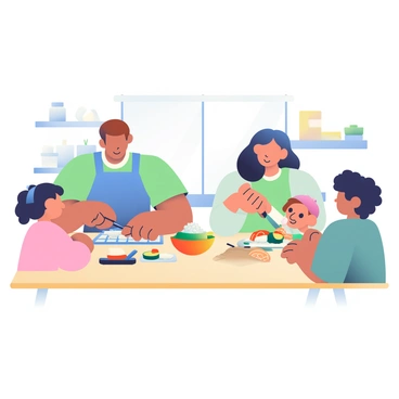 A family of four is gathered around a wooden kitchen table, focused on making sushi together. The father has short brown hair and is wearing a blue apron as he carefully slices fresh vegetables. The mother, with long dark hair tied back, is placing a sheet of nori on a small bamboo mat. Their two children, a boy with curly hair and a girl with straight hair, are beside her, excitedly arranging colorful ingredients like avocado, cucumber, and crab meat. A bowl of sushi rice is in the center of the table, and a small plate of soy sauce sits nearby. The kitchen is bright, with natural light streaming in, enhancing the vibrant colors of the fresh ingredients.