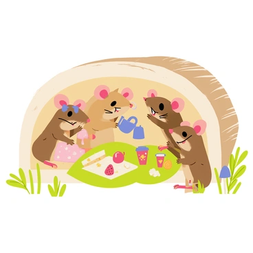 A family of mice sitting together inside a hollowed-out log. The log is surrounded by green grass and small wildflowers. The mice are sharing a picnic with various small food items like cheese, berries, and crumbs of bread laid out on a large leaf. One mouse is pouring tea from a small acorn cap into tiny cups made of mushroom caps. The other mice are happily nibbling on the food and chatting with each other, creating a cozy and cheerful atmosphere.