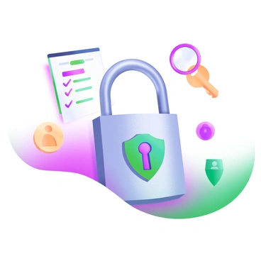 A large padlock displayed prominently in the center of the image. The padlock features a sleek, modern design with a metallic finish. Clearly visible on the padlock is a digital key symbol, emphasizing the concept of security. Surrounding the padlock are various icons that represent aspects of KYC (Know Your Customer), such as a checklist, a magnifying glass, and a user silhouette. The background is a subtle gradient of pastel colors, enhancing the overall modern aesthetic of the illustration.