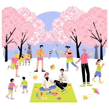 A group of people enjoying a sakura festival under "cherry blossom trees" in full bloom. The trees are covered with delicate pink flowers, creating a beautiful canopy above. A couple is having a picnic on a green blanket, surrounded by colorful food containers and drinks. Nearby, children are flying "kites" decorated with vibrant patterns, while others are playfully chasing each other. Some festival-goers are holding "lanterns" that are softly glowing, adding to the festive atmosphere. A small stage is visible in the background, where performers are entertaining the crowd. The sky is bright blue, complementing the pink of the blossoms.