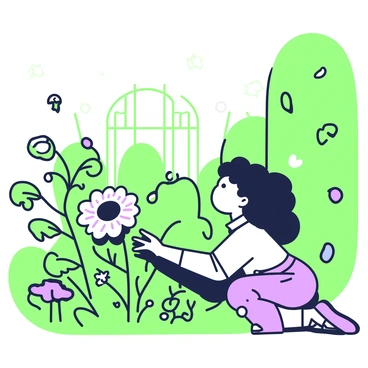 A child with curly hair is kneeling in front of a lush garden filled with moonflowers. The moonflowers are large and bloom with delicate petals, casting a subtle glow in the evening light. Surrounding the child are various leafy plants and twinkling fireflies that flutter about. In the background, tall hedges create a natural enclosure, partially hiding the entrance to the garden. The child wears a simple outfit with rolled-up sleeves and looks amazed as they reach out towards the nearest moonflower. The scene conveys a sense of wonder and discovery.