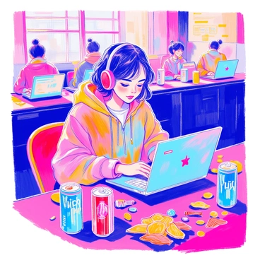 A woman with short dark hair is seated at a table, focused on her laptop as she codes intensely. She is wearing a colorful hoodie and headphones. Around her are multiple energy drink cans, some half-empty, and an assortment of snacks including chips and candy scattered on the table. The atmosphere is vibrant, with bright screens from laptops nearby illuminating the surroundings, and a few other participants can be seen in the background, deeply engaged in their own work.