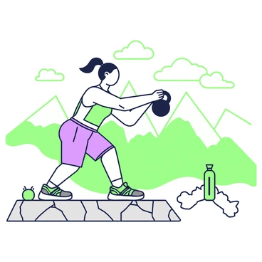 An athlete is positioned on a mountain ledge, engaged in swinging a kettlebell. They are wearing athletic gear, including a fitted tank top and shorts, with a water bottle resting on the ground nearby. The kettlebell is gripped firmly in their hands as they demonstrate proper form. Behind them, the panoramic view showcases a vast expanse of mountains and valleys, with the sky above filled with clouds. The ledge appears rocky and rugged, adding to the intensity of the scene. The athlete's hair is tied back, emphasizing their focus and determination.