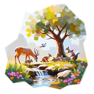 An illustration of a forest ecosystem featuring a vibrant array of plants and animals. In the foreground, a tall oak tree with lush green leaves provides shade. Beneath the tree, ferns and a variety of wildflowers bloom, adding splashes of color. A deer grazes peacefully near a small stream, while a squirrel scampers up the trunk of the oak. In the background, a family of rabbits can be seen nibbling on grass, and a hawk soars overhead, surveying the scene. The food chain is represented with small insects near the base of the plants, showcasing the interconnectedness of life within this ecosystem.