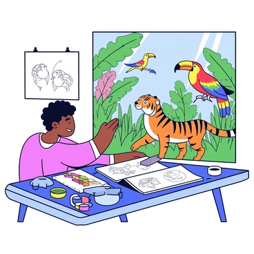 A designer is seated at a desk covered with various art supplies. The designer is focused on creating a detailed illustration featuring several exotic animals. In the foreground, there is a vibrant toucan with bright yellow, red, and green feathers perched on a branch. Nearby, a sleek, striped Bengal tiger lounges in a lush, green jungle setting. In the background, a colorful parrot flutters above a dense canopy of tropical trees. The designer has an open sketchbook displaying rough drafts of these animals. Sunlight streams through the window, illuminating the creative workspace.